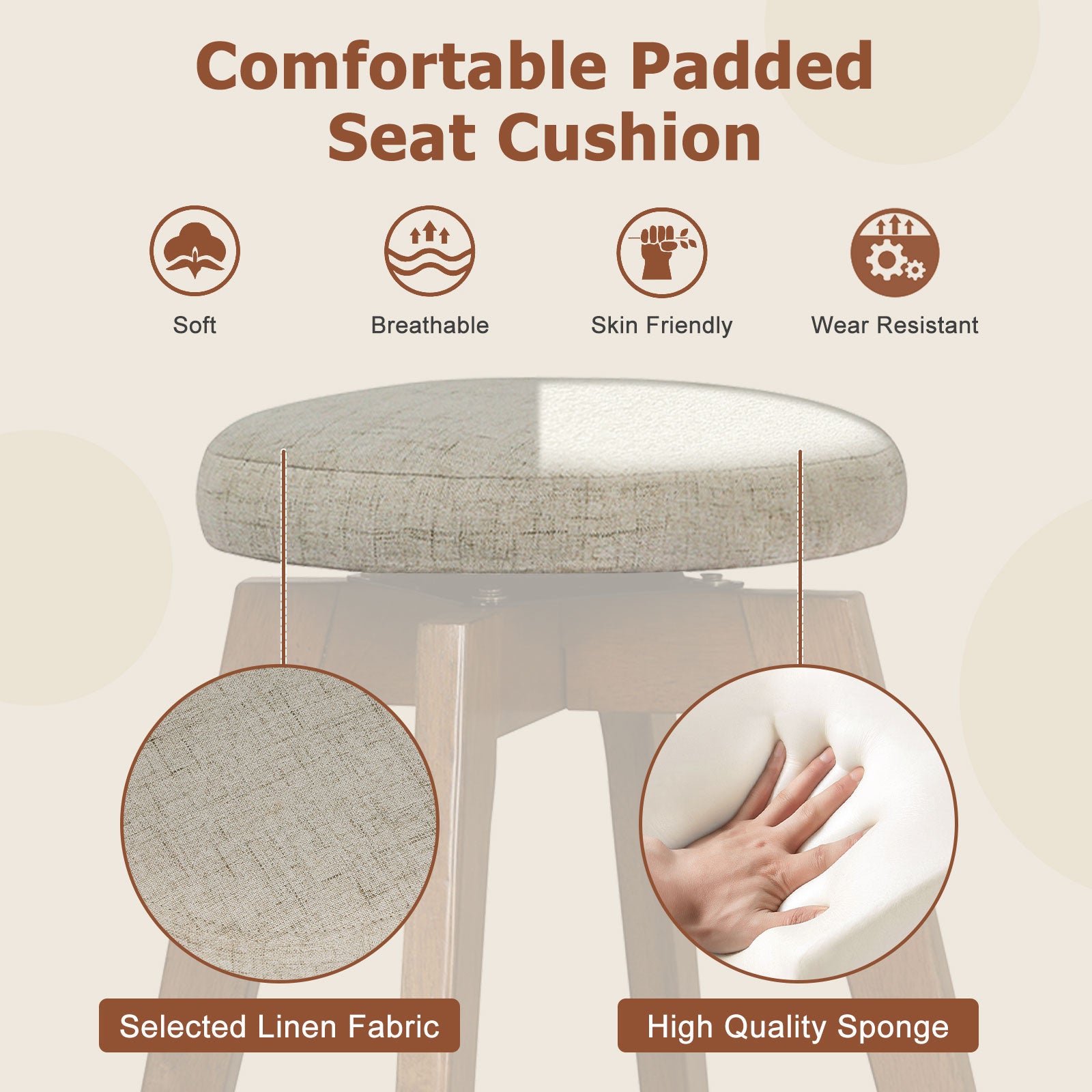 2 Pieces 26 Inch Backless Swivel Barstools with Linen Fabric Seat-Beige
