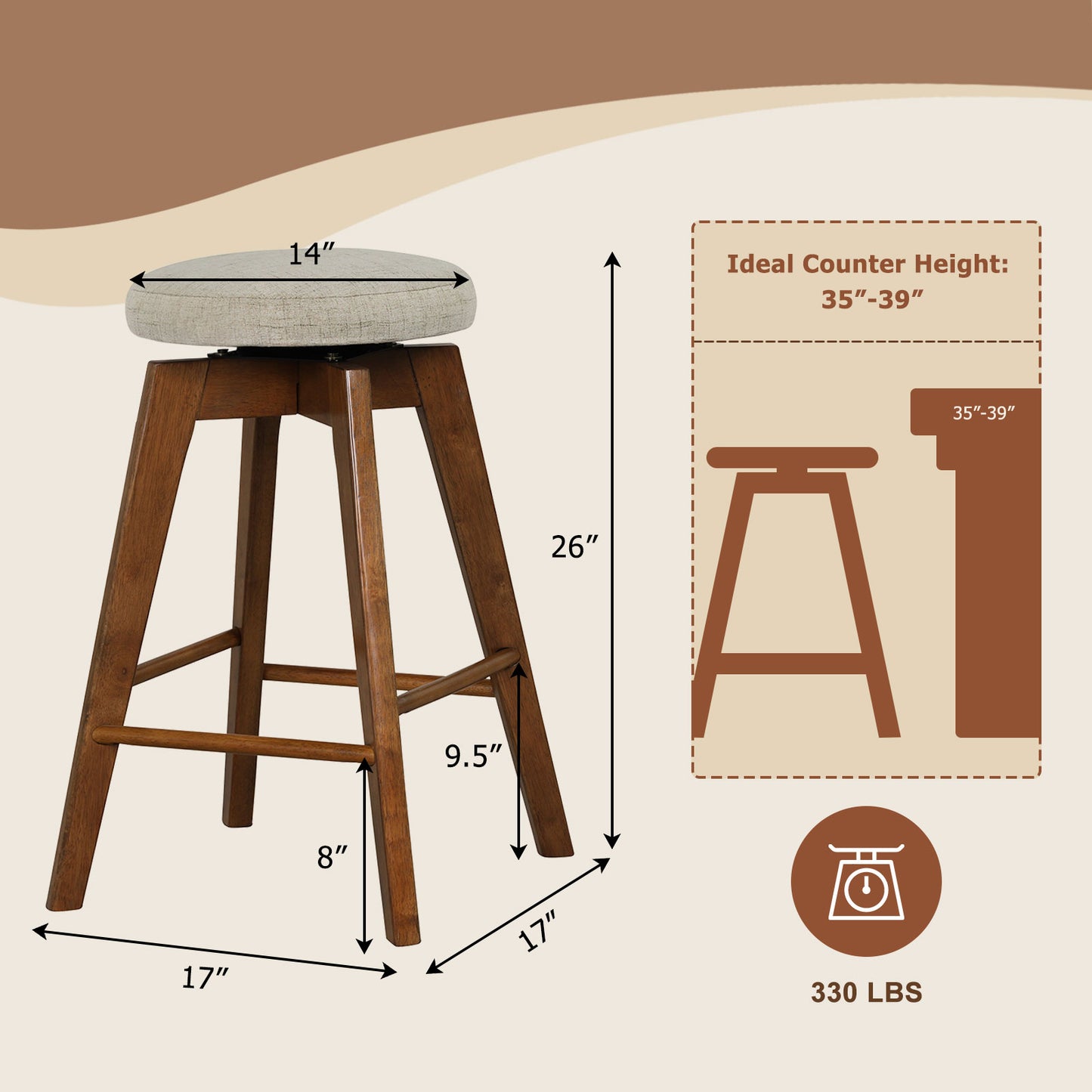 2 Pieces 26 Inch Backless Swivel Barstools with Linen Fabric Seat-Beige