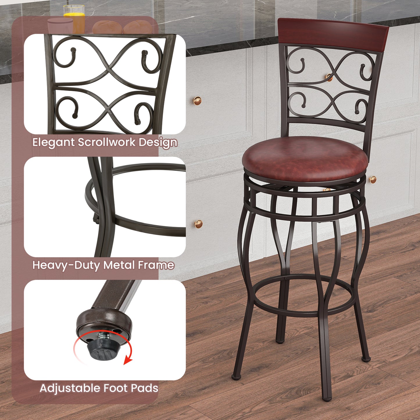 Set of 2 30 Inch Bar Stool with Backrest and Footrest