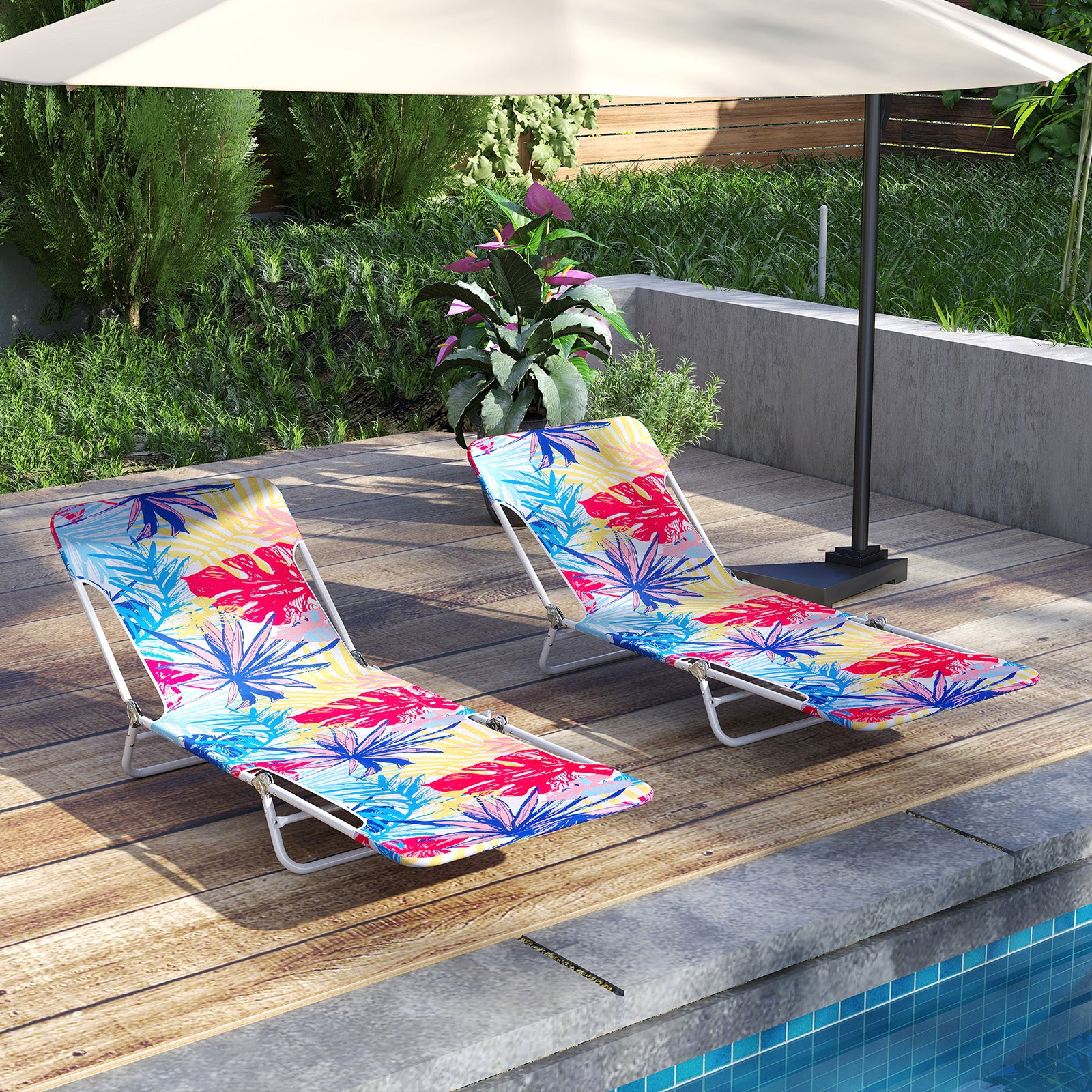 2 Pieces 5-position Lay Flat Beach Recliner with Carry Strap and Metal Frame-Pink