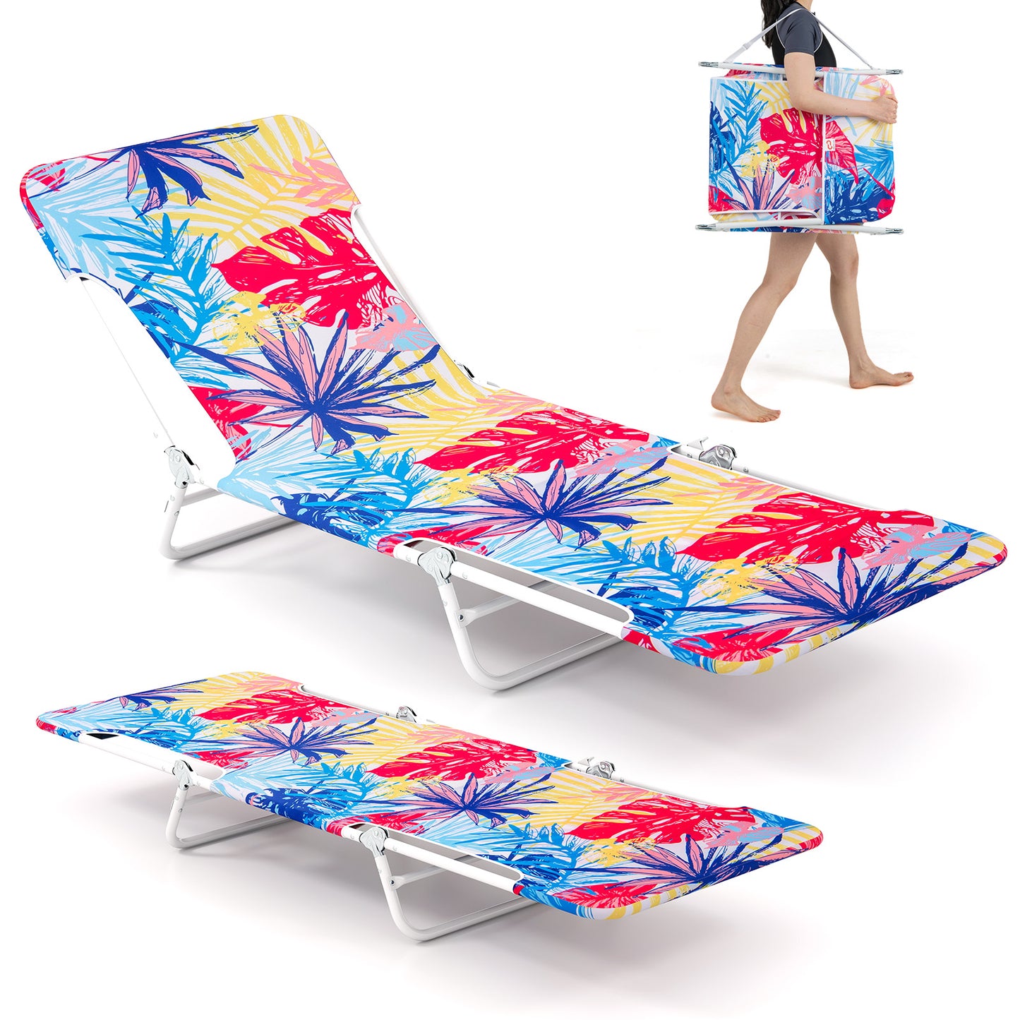 2 Pieces 5-position Lay Flat Beach Recliner with Carry Strap and Metal Frame-Pink