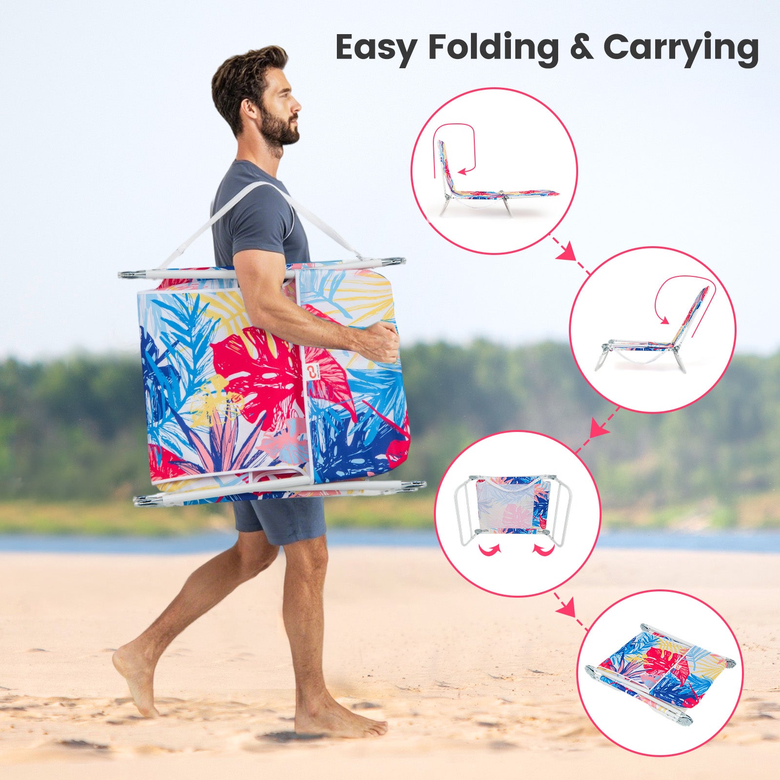 2 Pieces 5-position Lay Flat Beach Recliner with Carry Strap and Metal Frame-Pink