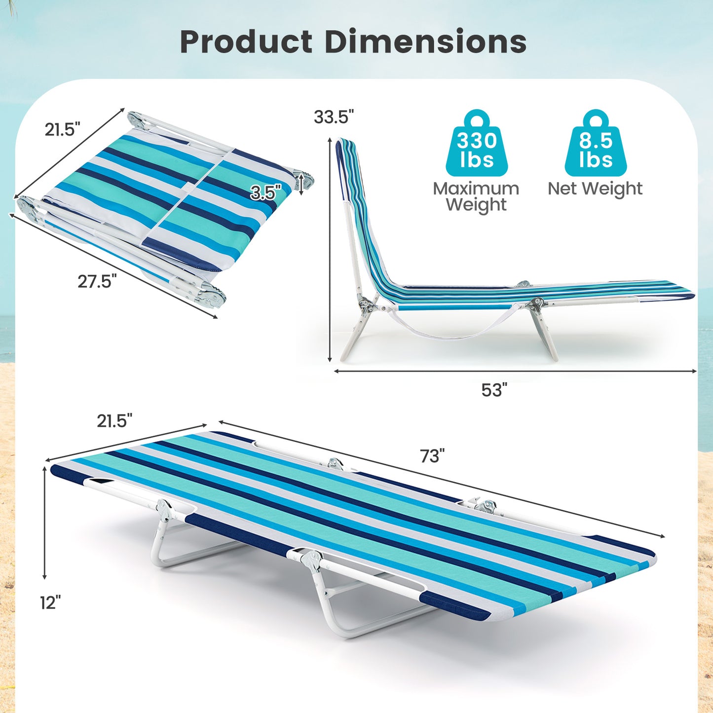 2 Pieces 5-position Lay Flat Beach Recliner with Carry Strap and Metal Frame-Blue