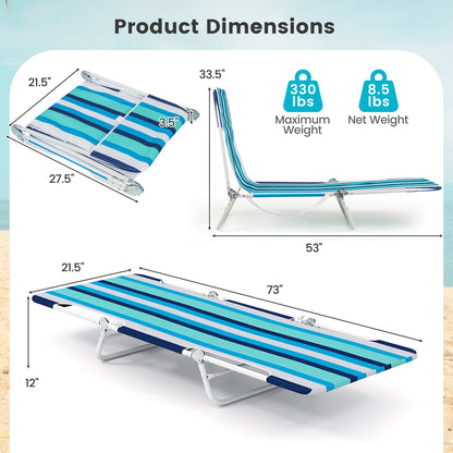 2 Pieces 5-position Lay Flat Beach Recliner with Carry Strap and Metal Frame-Blue