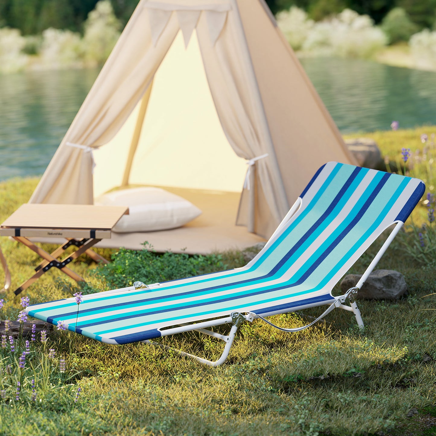 2 Pieces 5-position Lay Flat Beach Recliner with Carry Strap and Metal Frame-Blue