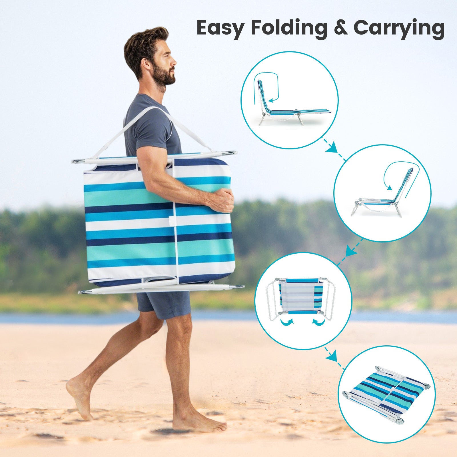 2 Pieces 5-position Lay Flat Beach Recliner with Carry Strap and Metal Frame-Blue