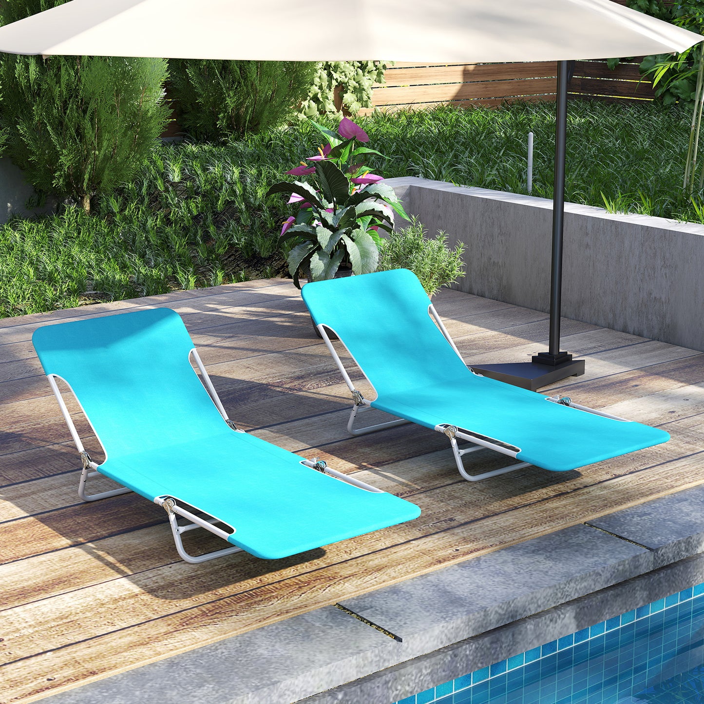 2 Pieces 5-position Lay Flat Beach Recliner with Carry Strap and Metal Frame-Navy
