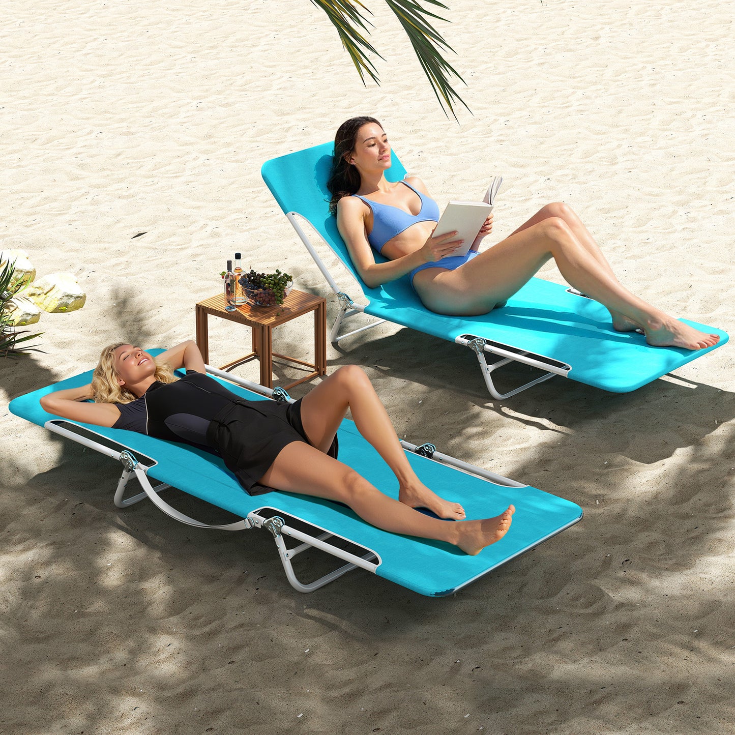 2 Pieces 5-position Lay Flat Beach Recliner with Carry Strap and Metal Frame-Navy