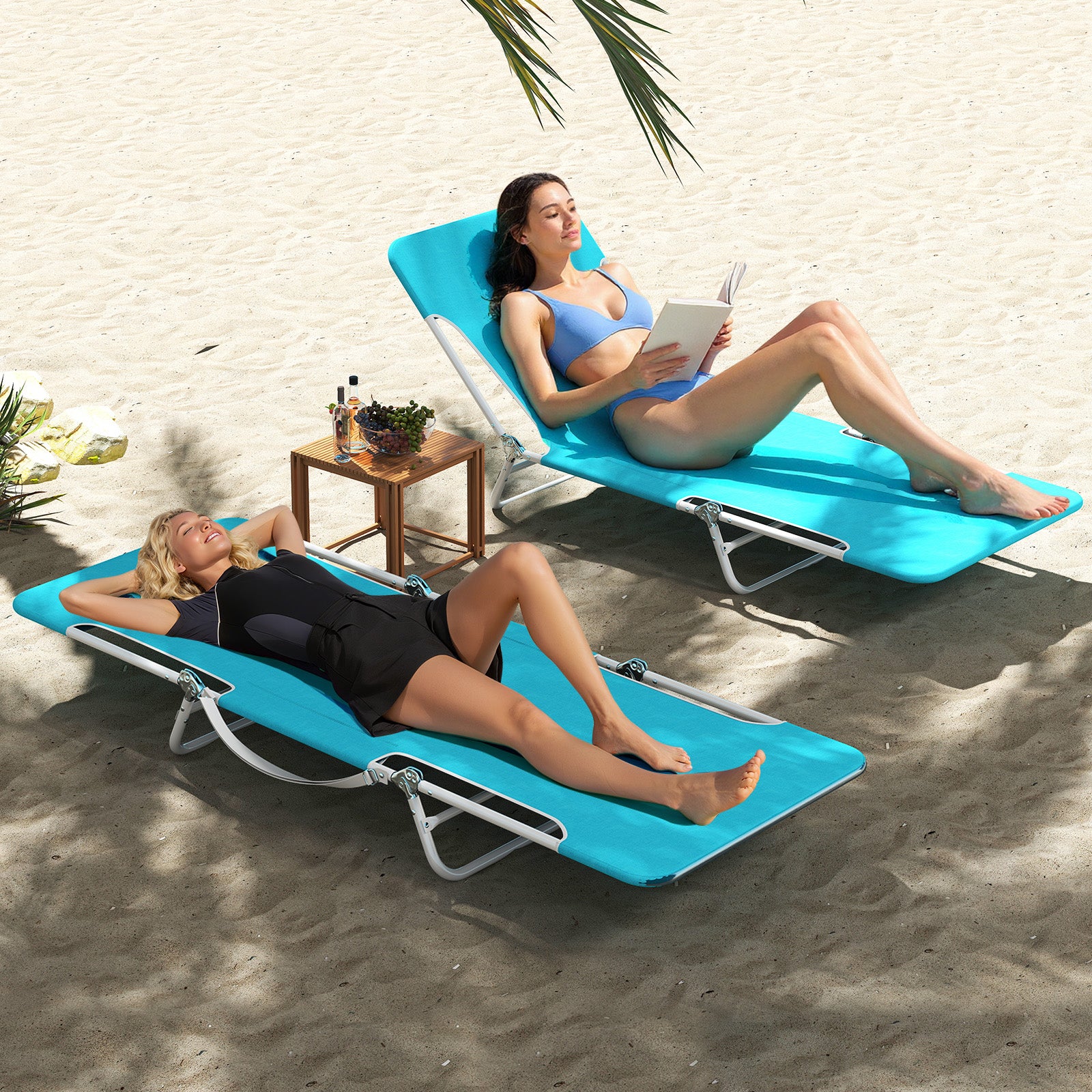 2 Pieces 5-position Lay Flat Beach Recliner with Carry Strap and Metal Frame-Navy