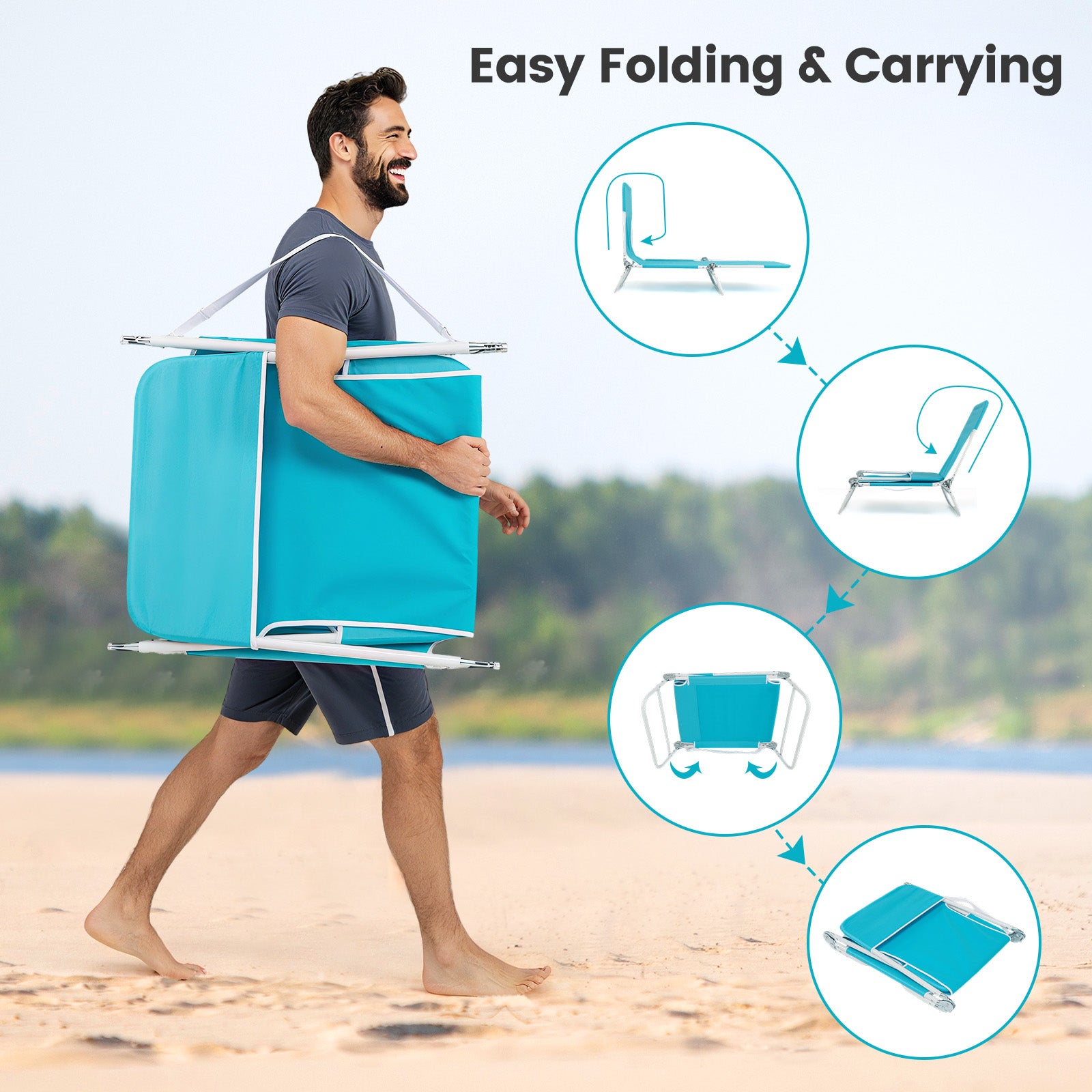 2 Pieces 5-position Lay Flat Beach Recliner with Carry Strap and Metal Frame-Navy