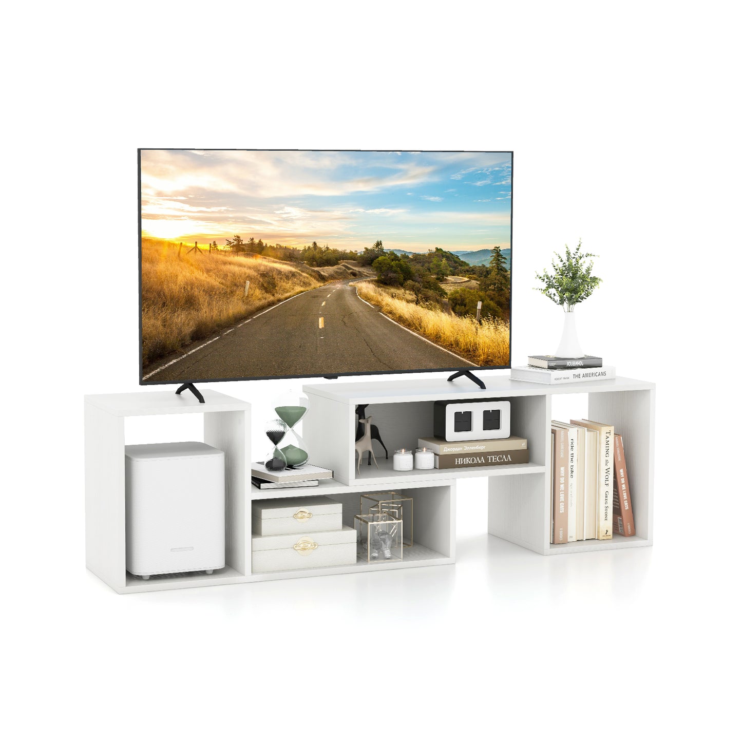 2 Pieces Adjustable TV Stand for TVs up to 55 Inch with Storage Cubes-White - White