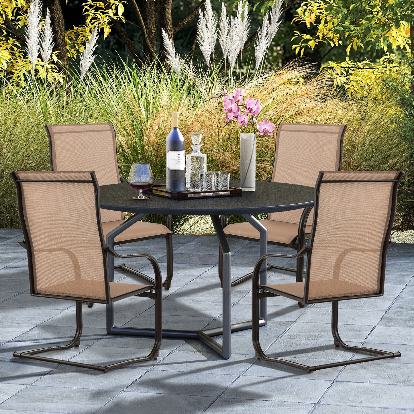 2 Pieces C-Spring Motion Patio Dining Chairs with Breathable Fabric-Brown