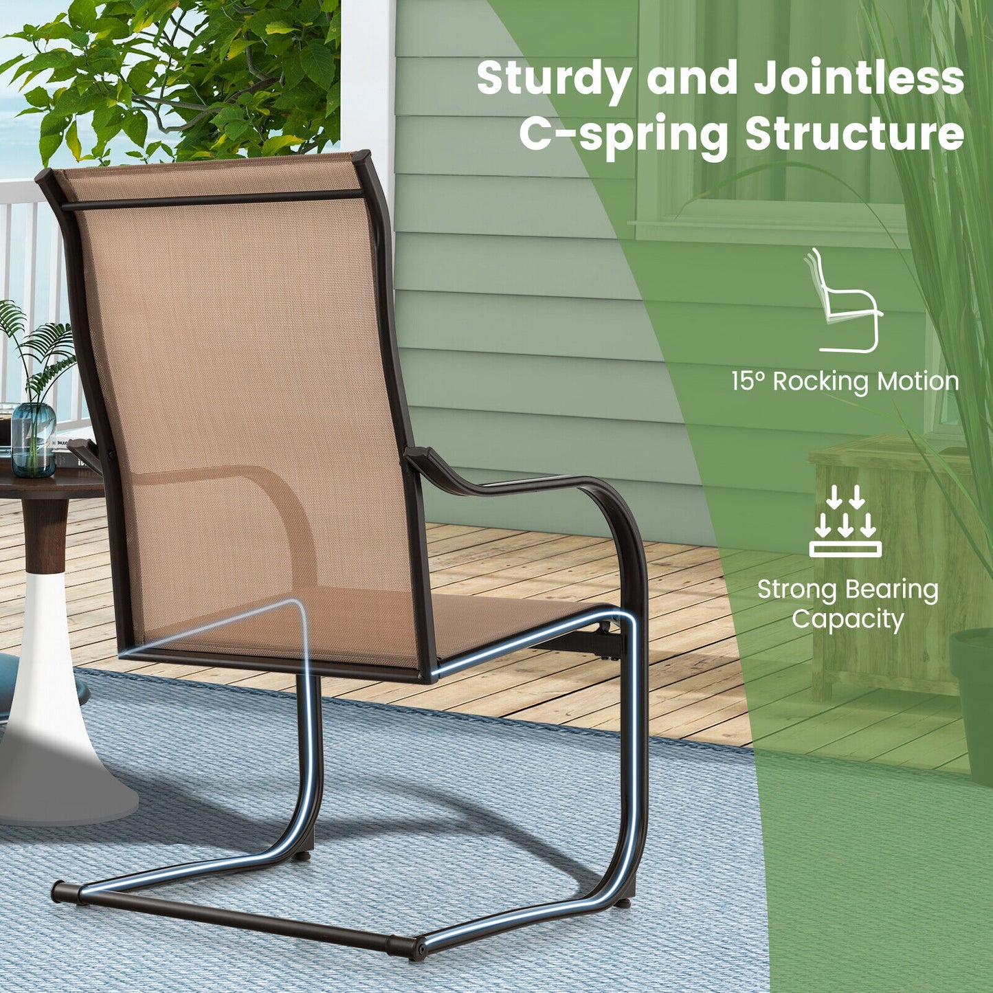 2 Pieces C-Spring Motion Patio Dining Chairs with Breathable Fabric-Brown