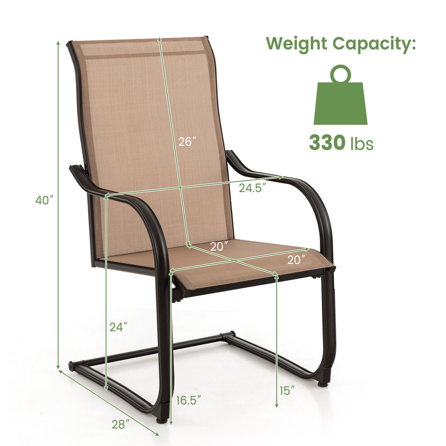 2 Pieces C-Spring Motion Patio Dining Chairs with Breathable Fabric-Brown
