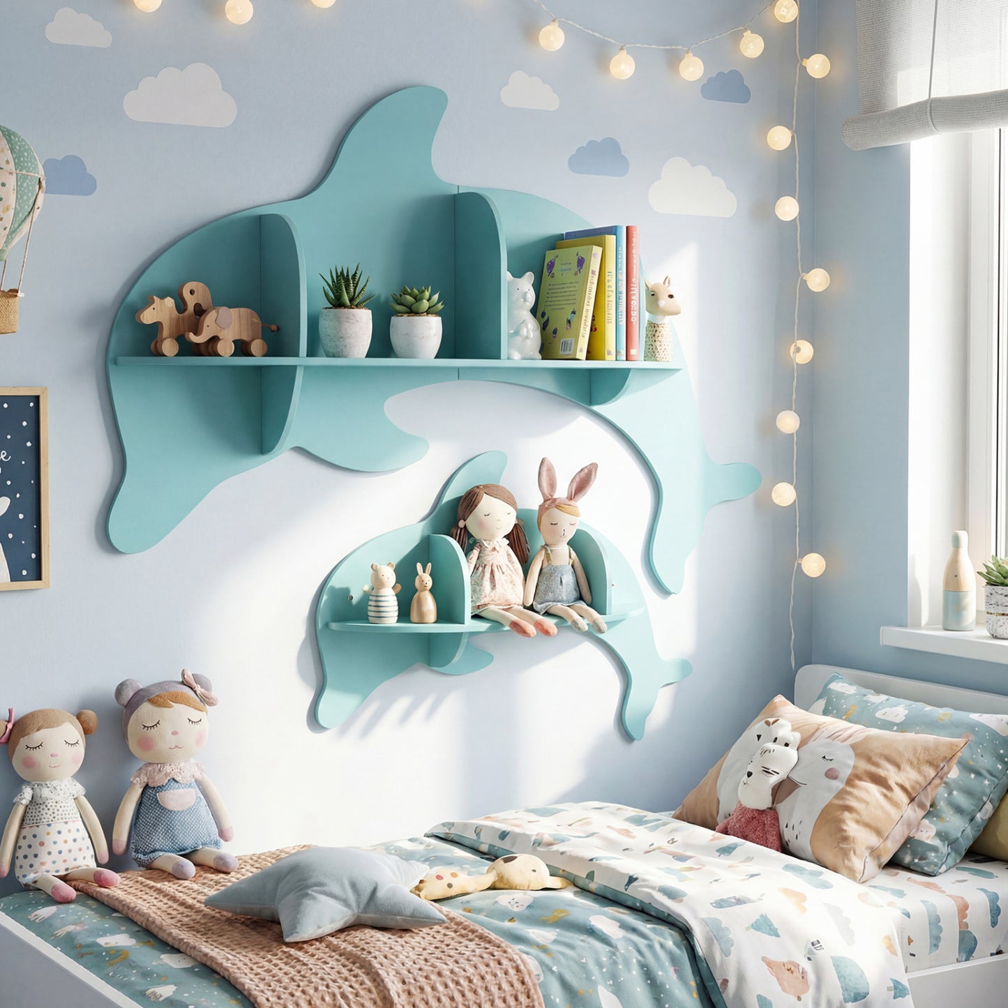 2 Pieces Floating Dolphin Shelves Wall Mounted Storage Display Rack-Blue