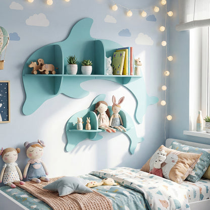 2 Pieces Floating Dolphin Shelves Wall Mounted Storage Display Rack-Blue