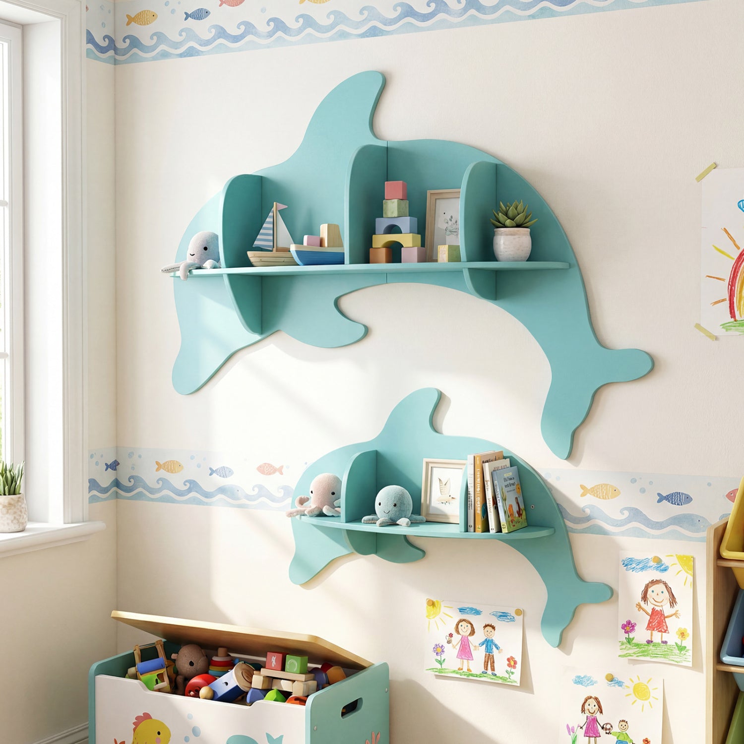 2 Pieces Floating Dolphin Shelves Wall Mounted Storage Display Rack-Blue