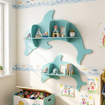 2 Pieces Floating Dolphin Shelves Wall Mounted Storage Display Rack-Blue