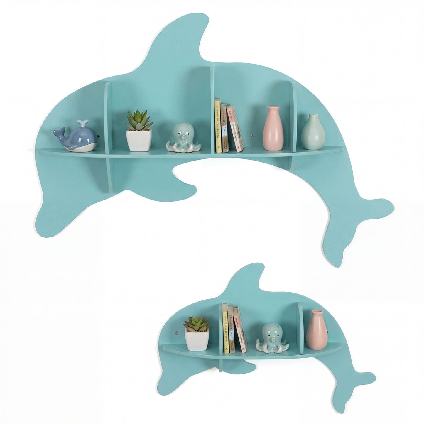 2 Pieces Floating Dolphin Shelves Wall Mounted Storage Display Rack-Blue