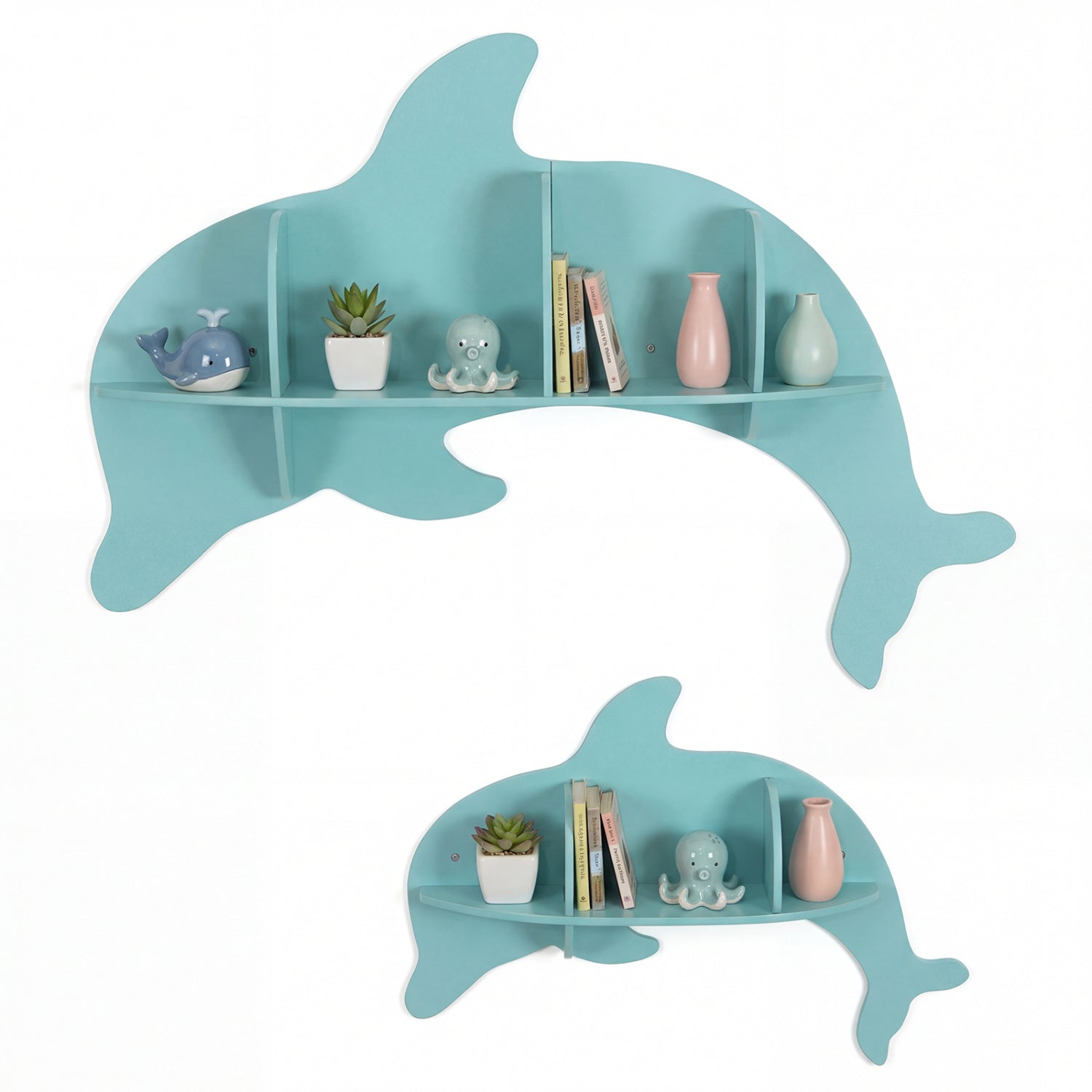2 Pieces Floating Dolphin Shelves Wall Mounted Storage Display Rack-Blue