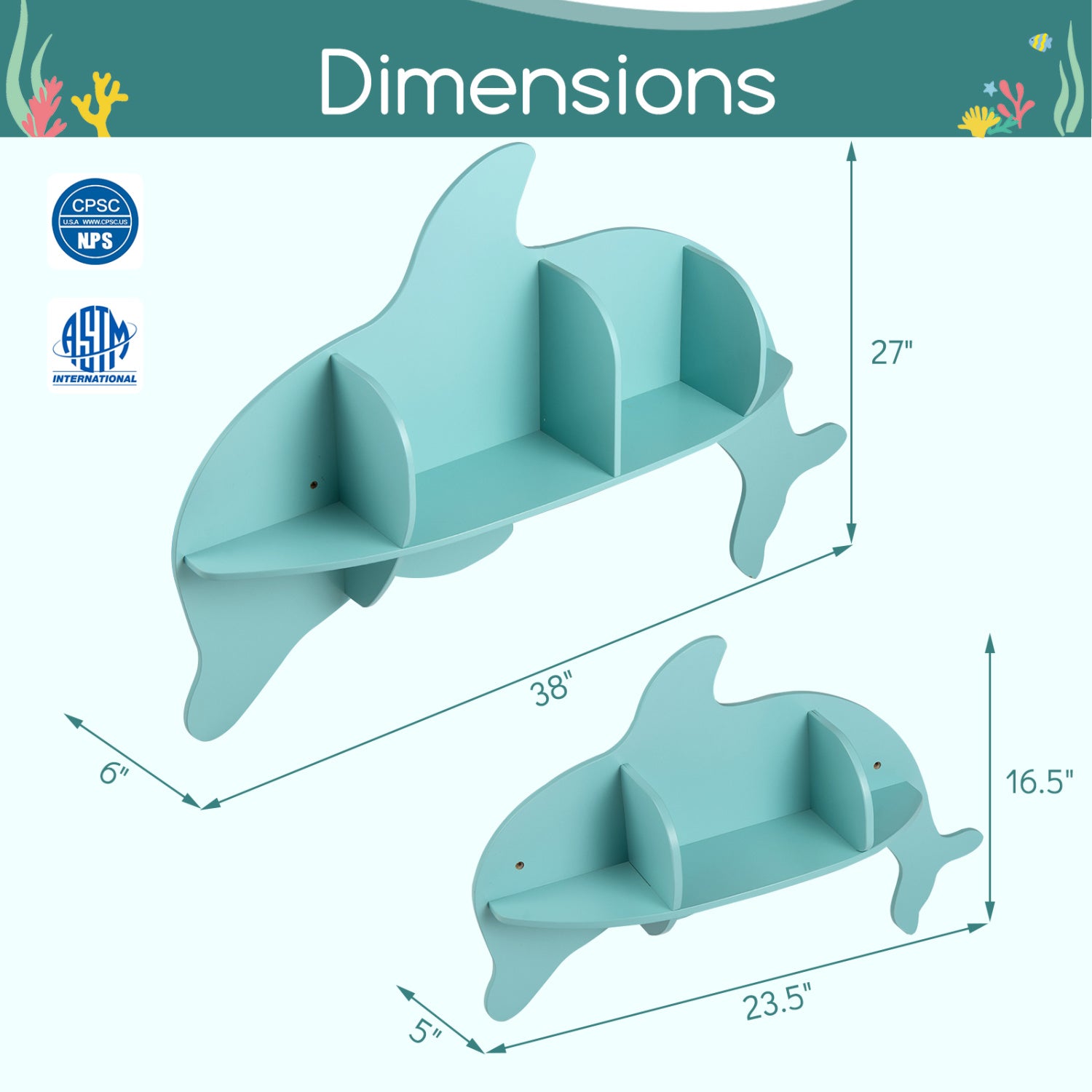 2 Pieces Floating Dolphin Shelves Wall Mounted Storage Display Rack-Blue