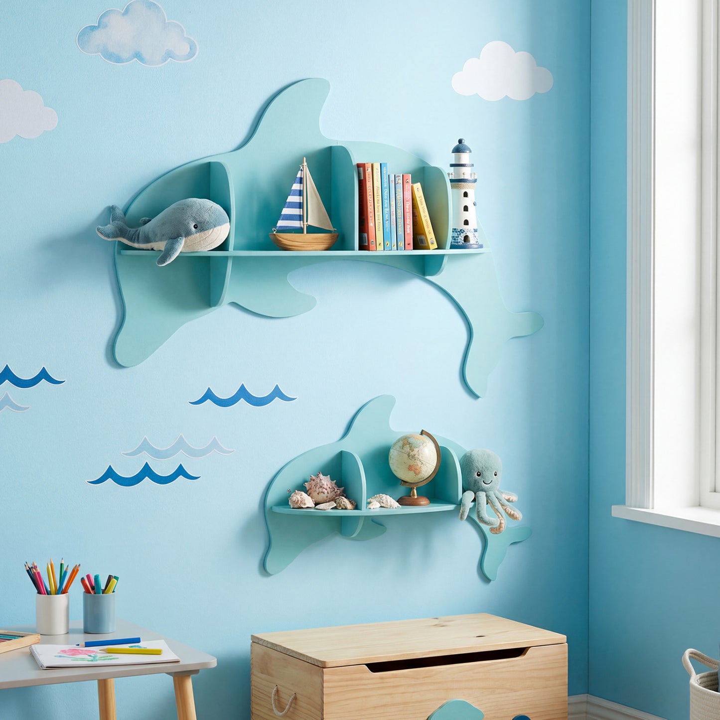 2 Pieces Floating Dolphin Shelves Wall Mounted Storage Display Rack-Blue