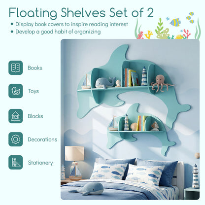 2 Pieces Floating Dolphin Shelves Wall Mounted Storage Display Rack-Blue