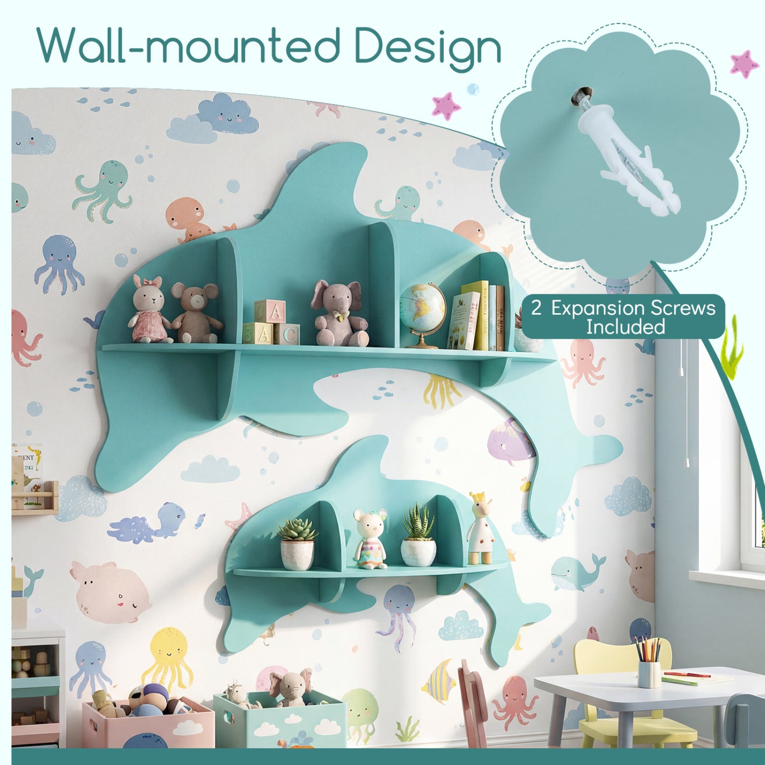 2 Pieces Floating Dolphin Shelves Wall Mounted Storage Display Rack-Blue