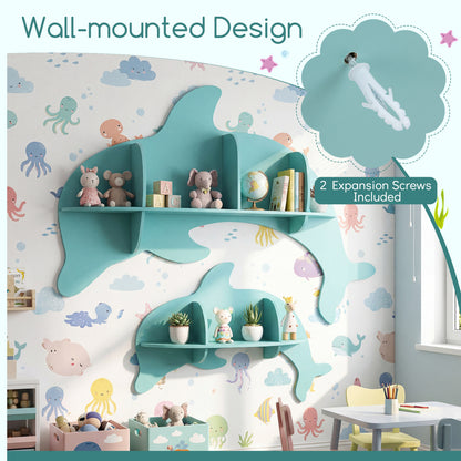 2 Pieces Floating Dolphin Shelves Wall Mounted Storage Display Rack-Blue
