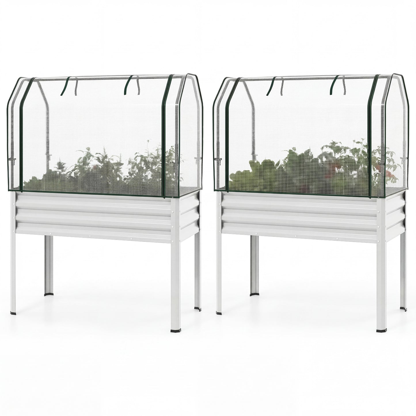 2 Pieces Galvanized Raised Garden Bed with Legs and Greenhouse Cover for Vegetable Flower