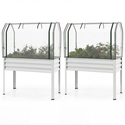2 Pieces Galvanized Raised Garden Bed with Legs and Greenhouse Cover for Vegetable Flower
