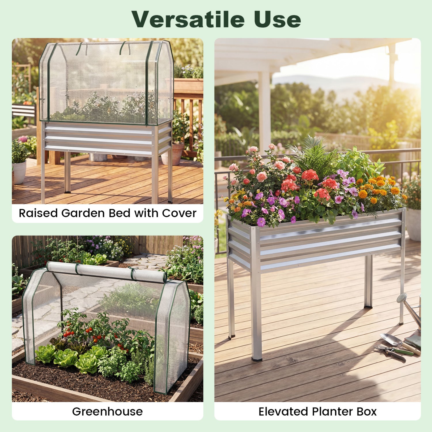 2 Pieces Galvanized Raised Garden Bed with Legs and Greenhouse Cover for Vegetable Flower