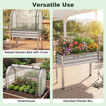 2 Pieces Galvanized Raised Garden Bed with Legs and Greenhouse Cover for Vegetable Flower
