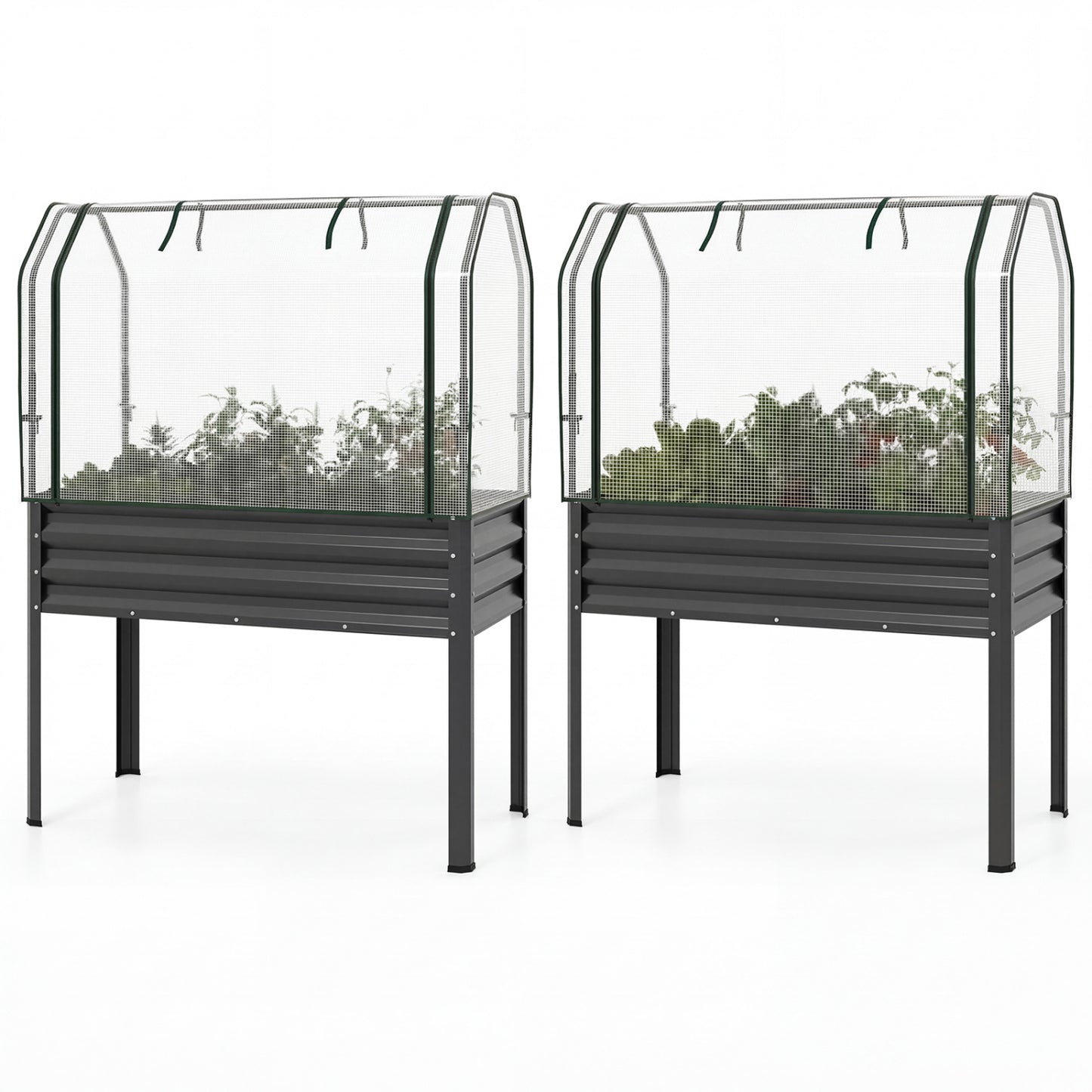 2 Pieces Galvanized Raised Garden Bed with Legs and Greenhouse Cover for Vegetable Flower