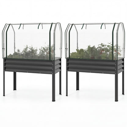 2 Pieces Galvanized Raised Garden Bed with Legs and Greenhouse Cover for Vegetable Flower