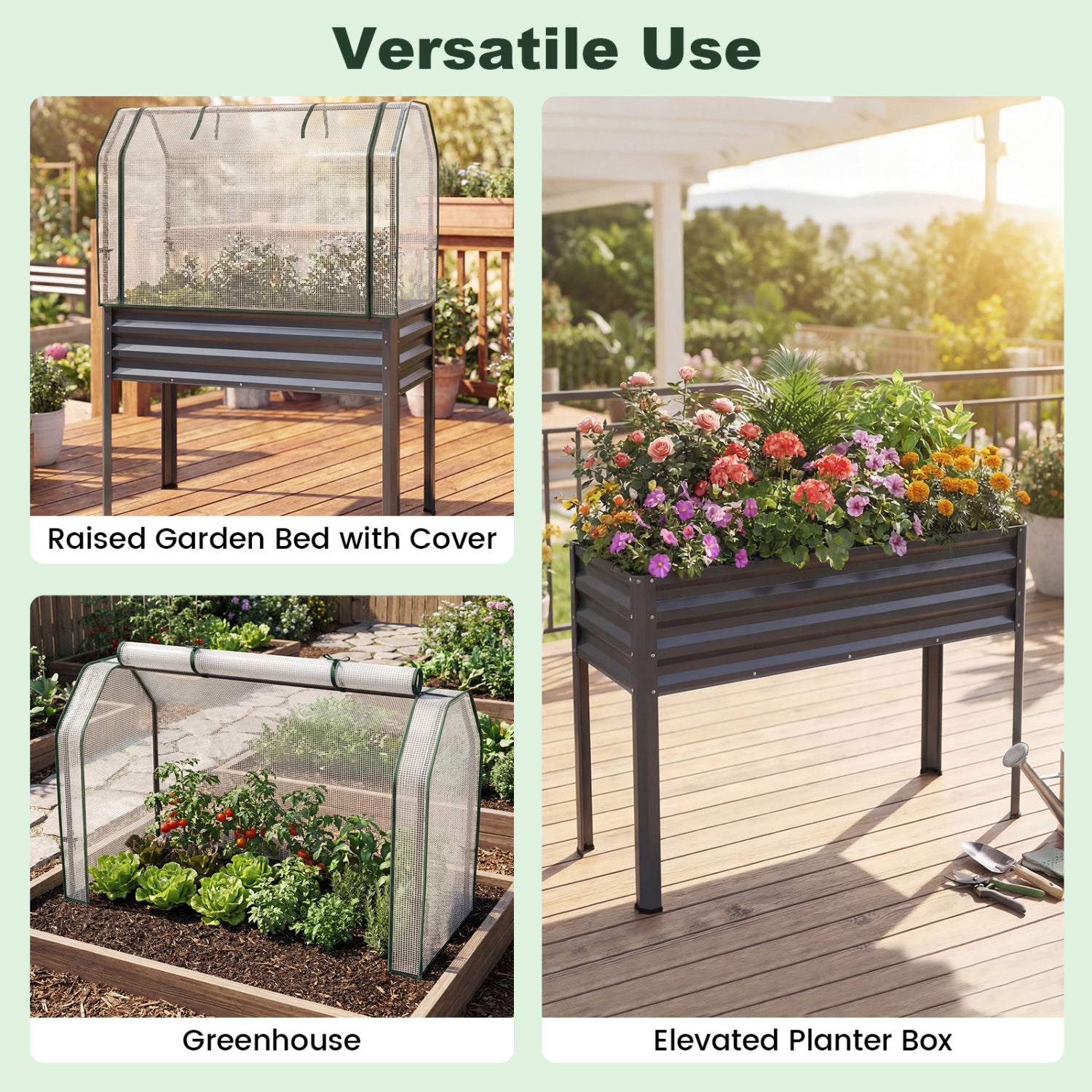 2 Pieces Galvanized Raised Garden Bed with Legs and Greenhouse Cover for Vegetable Flower
