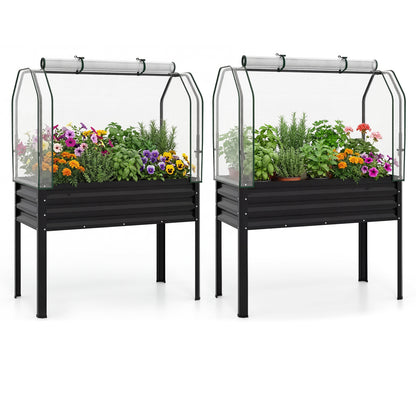 2 Pieces Galvanized Raised Garden Bed with Legs and Greenhouse Cover for Vegetable Flower