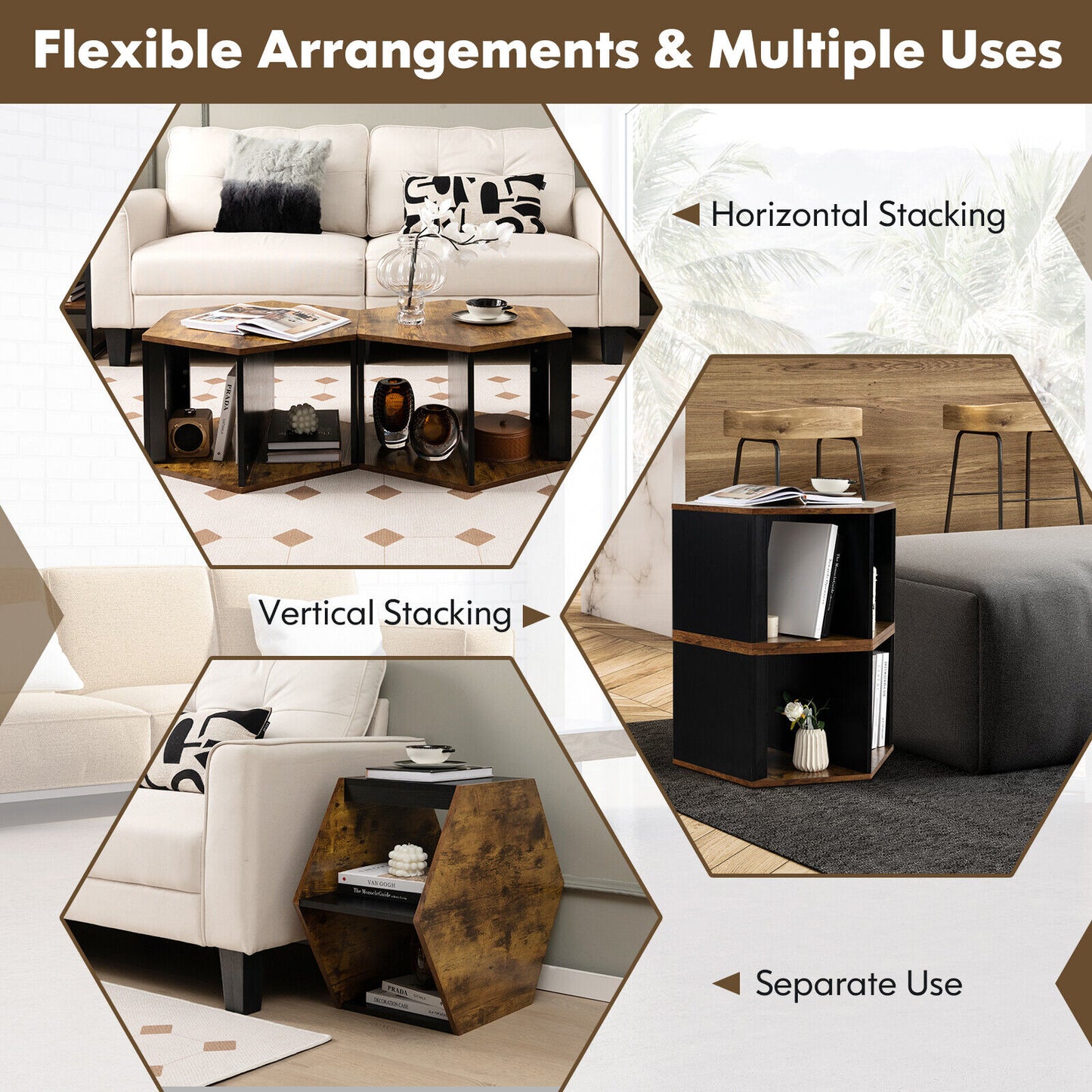 2 Pieces Hexagonal Side End Table for Living Office Coffee Room-Coffee