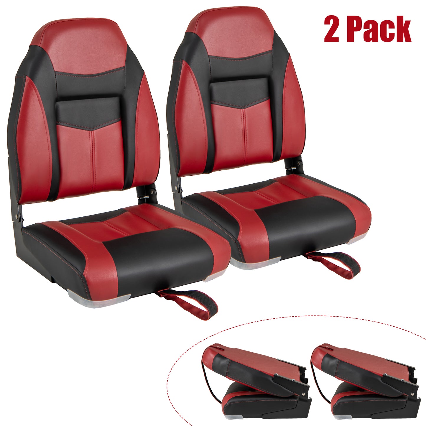 2 Pieces High Back Folding Boat Seat Set with Sponge Cushion-Red - Red