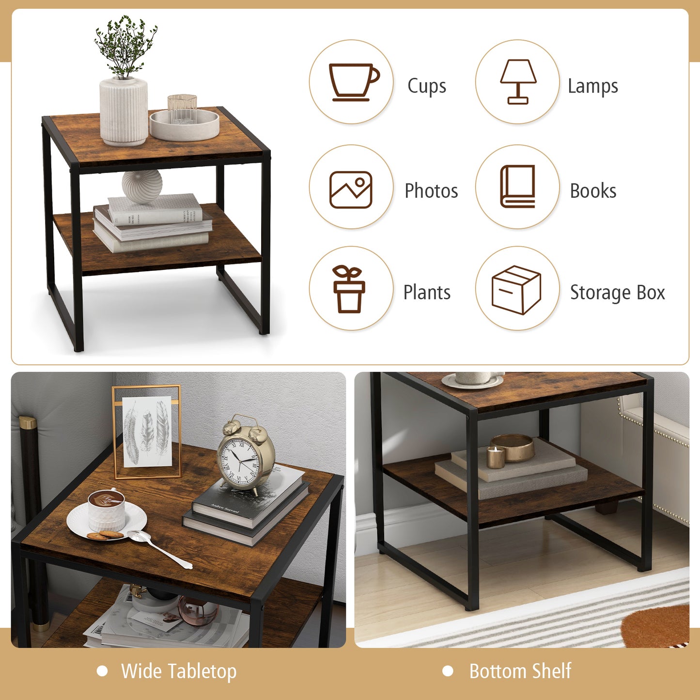 2 Pieces Industrial 2-Tier Side Table Set with Open Shelf-Rustic Brown