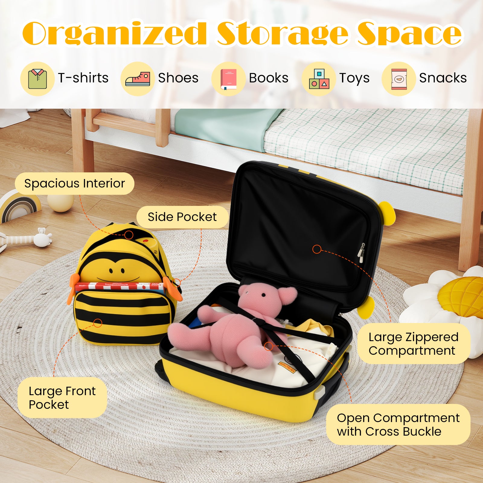 2 Pieces Kids Luggage Set on Wheels with Anti-Lose Rope and Retractable Rod-Yellow