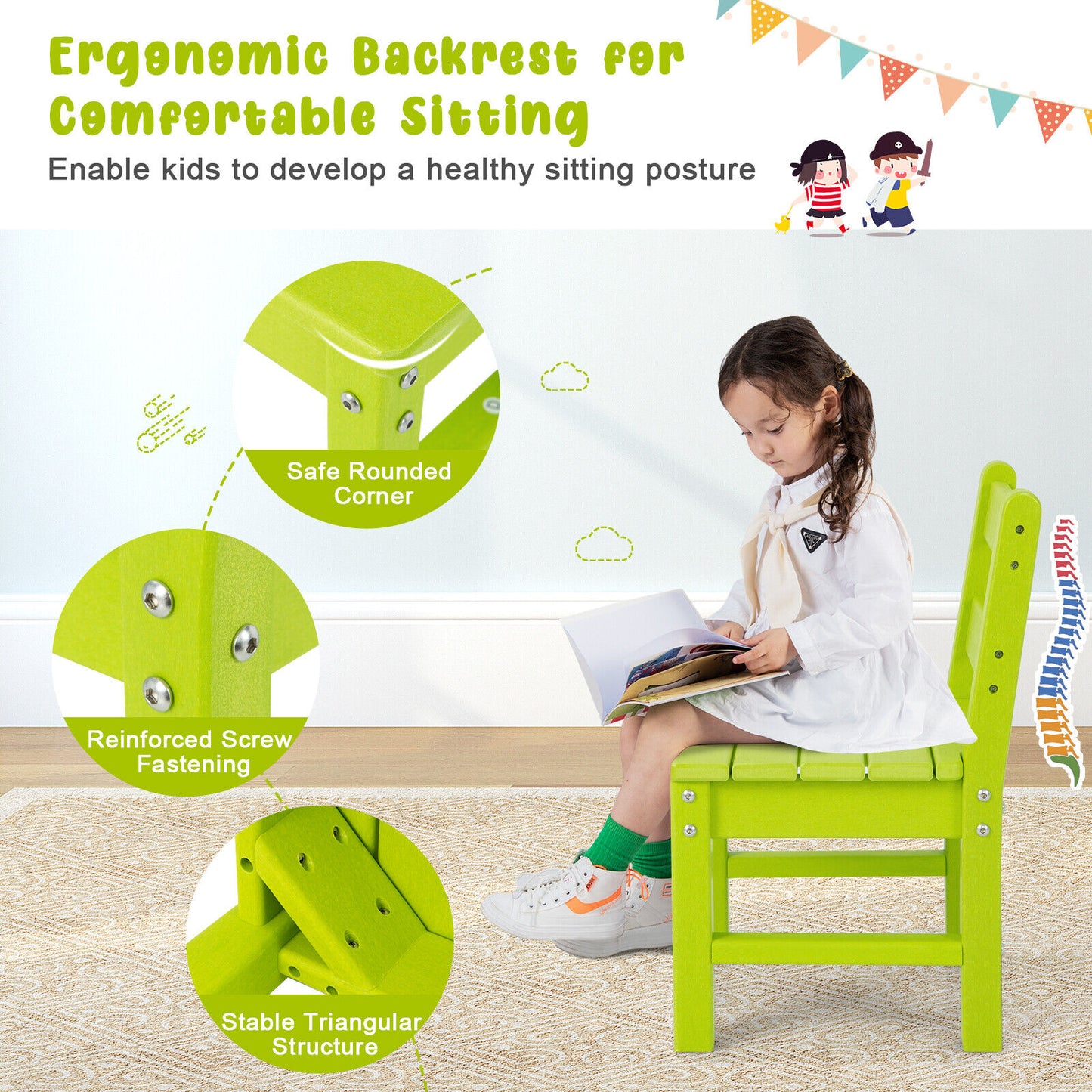 2 Pieces Kids Learning Chair set with Backrest-Green