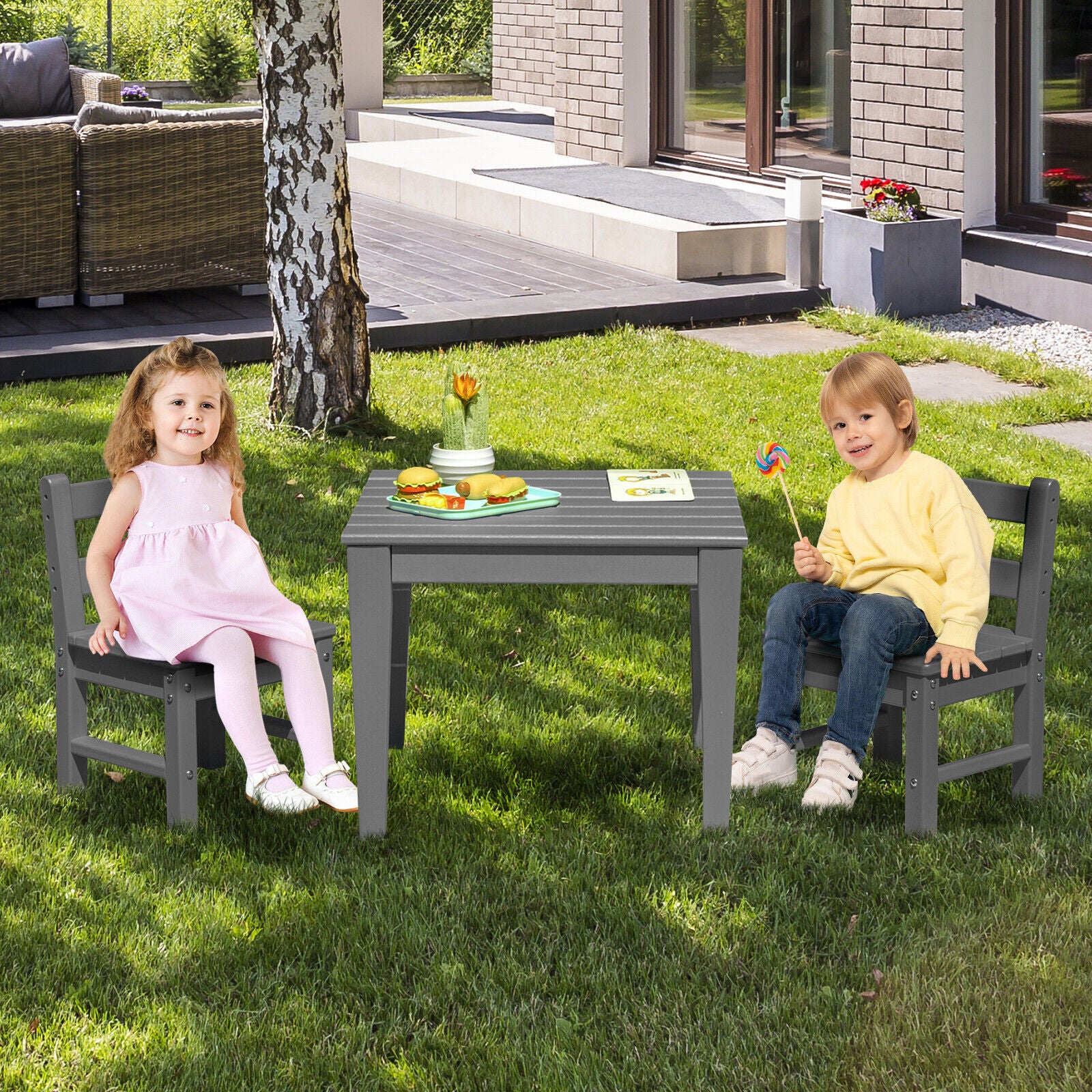 2 Pieces Kids Learning Chair set with Backrest-Gray