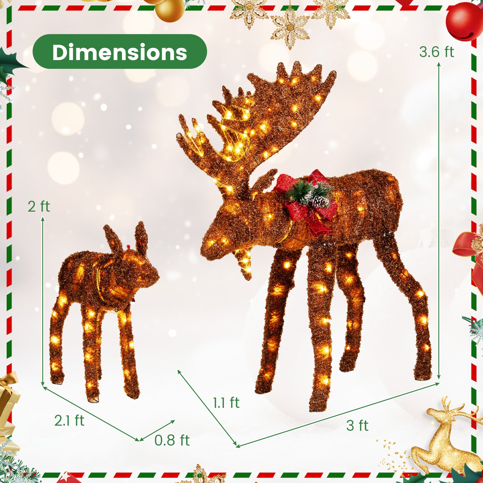 2 Pieces Lighted Moose Family with 170 LED Lights and Zip Ties