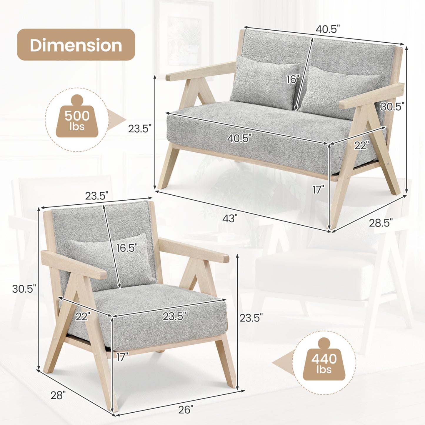 2 Pieces Living Room Furniture Set with Rubber Wood Frame