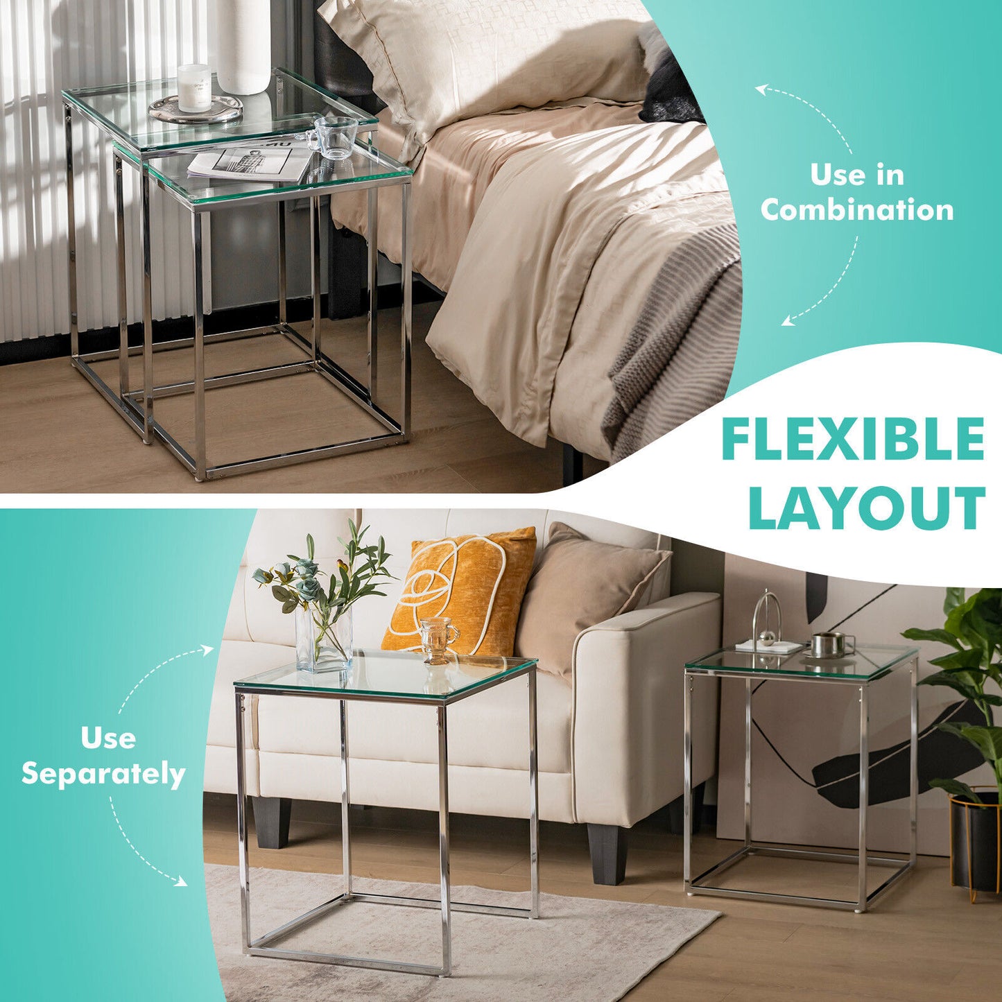 2 Pieces Modern Nesting Coffee Table with Tempered Glass Top and Steel Frame-Sliver