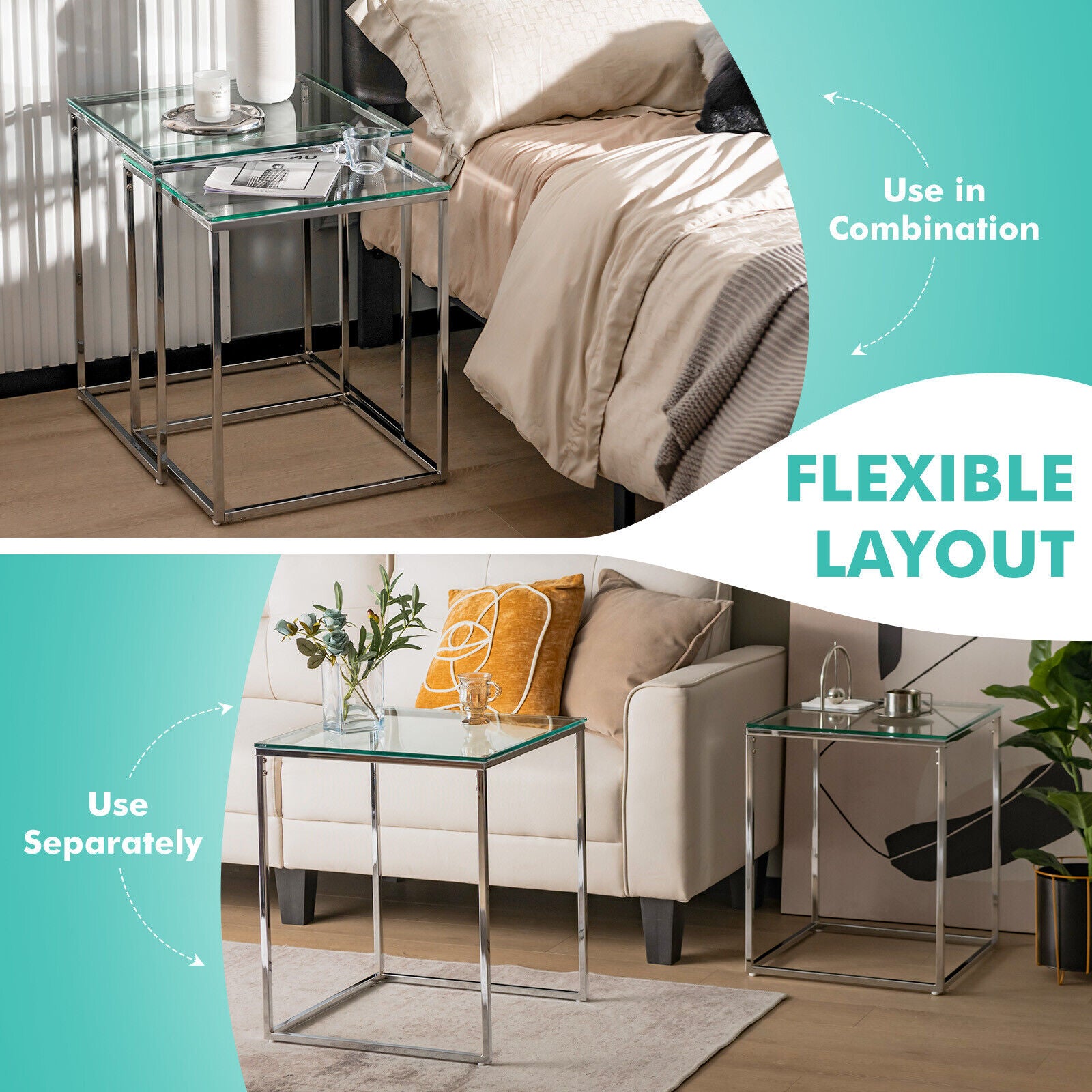 2 Pieces Modern Nesting Coffee Table with Tempered Glass Top and Steel Frame-Sliver
