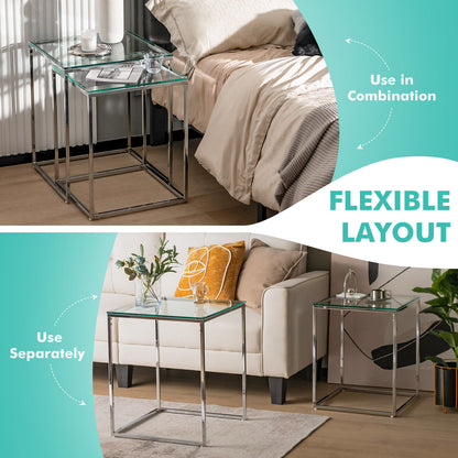 2 Pieces Modern Nesting Coffee Table with Tempered Glass Top and Steel Frame-Sliver
