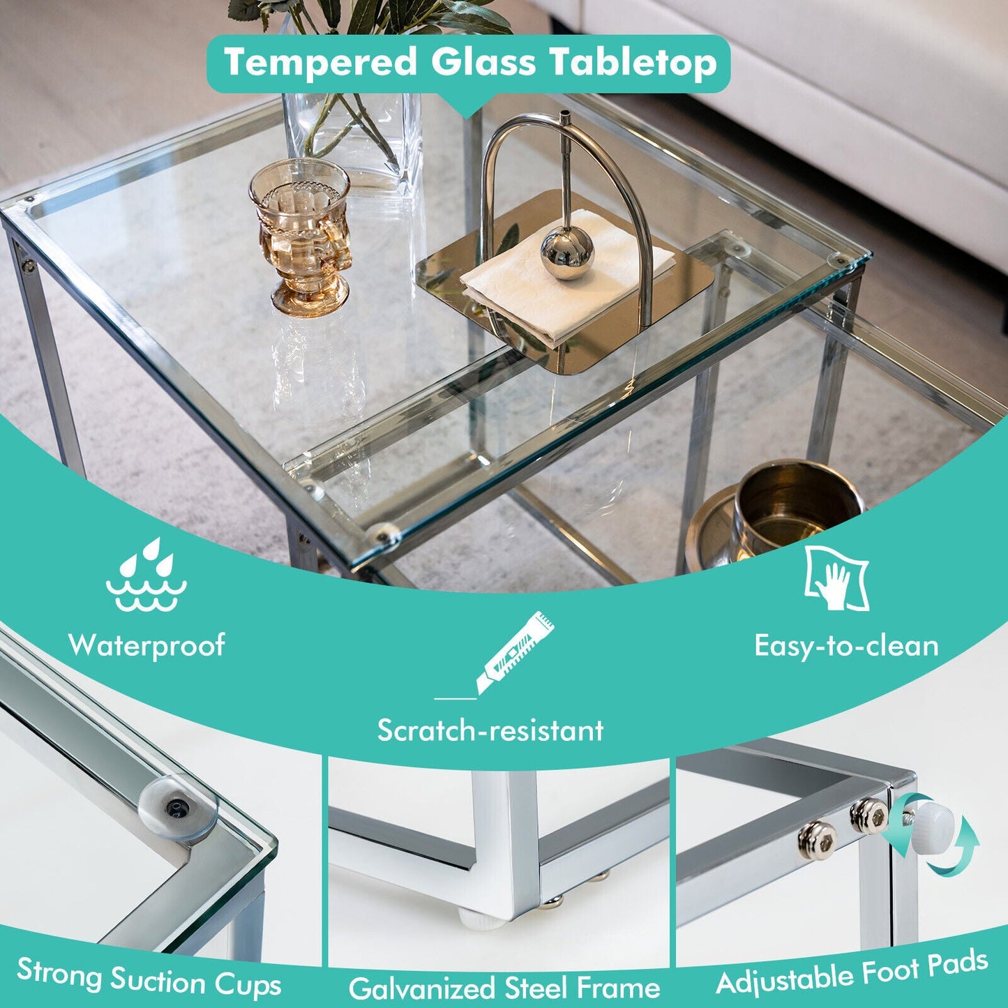 2 Pieces Modern Nesting Coffee Table with Tempered Glass Top and Steel Frame-Sliver