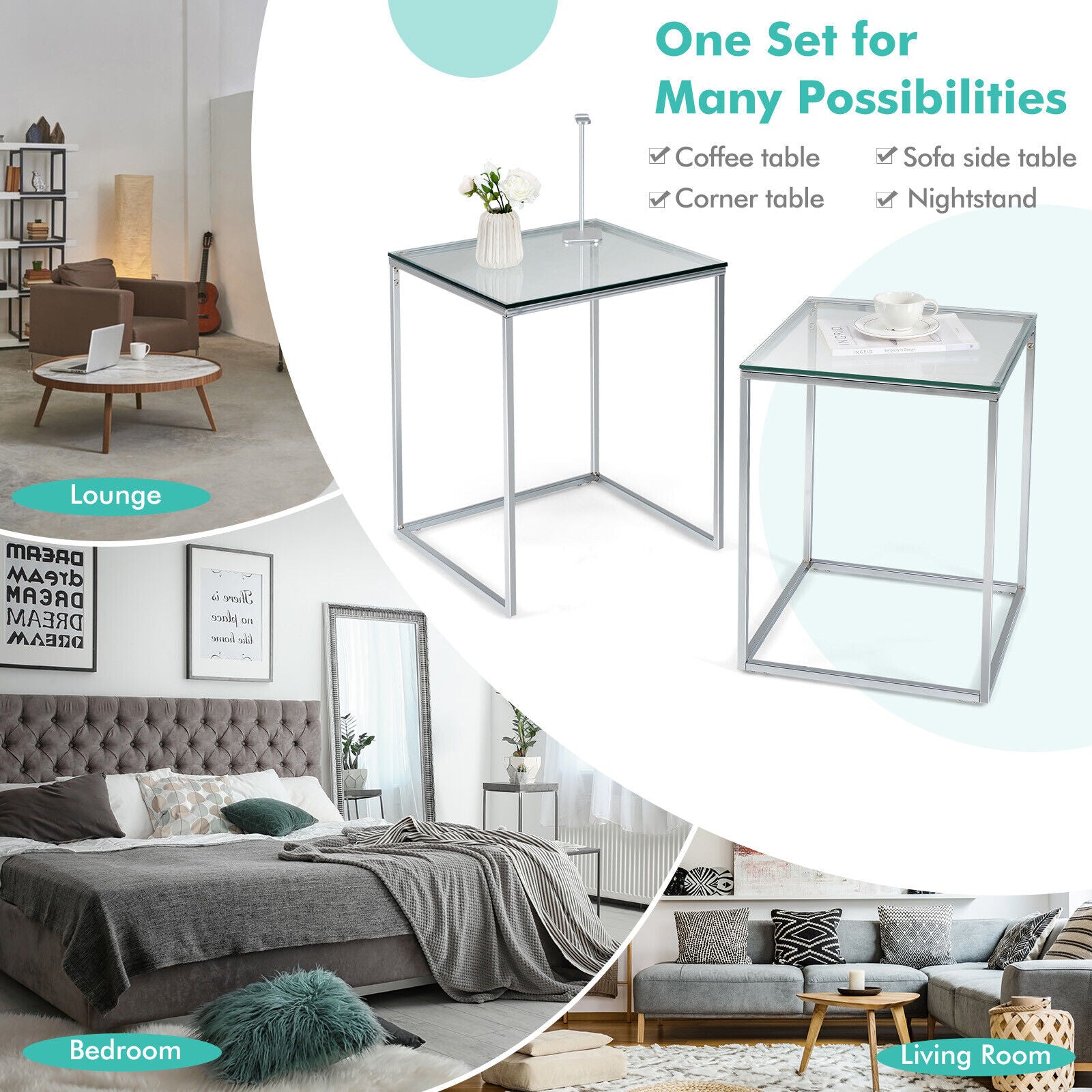 2 Pieces Modern Nesting Coffee Table with Tempered Glass Top and Steel Frame-Sliver